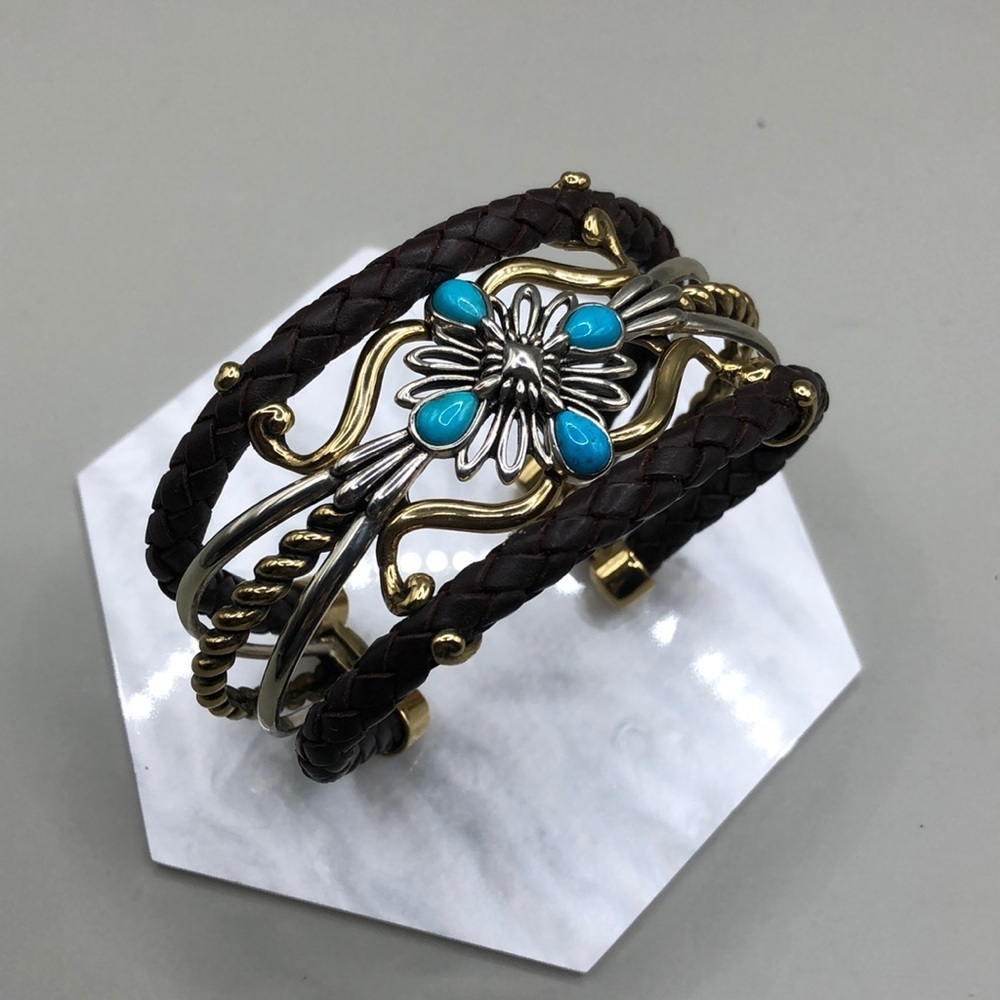 Carolyn Pollack American West Silver 925 Bracelet Brass Leather Turquoise Cuff